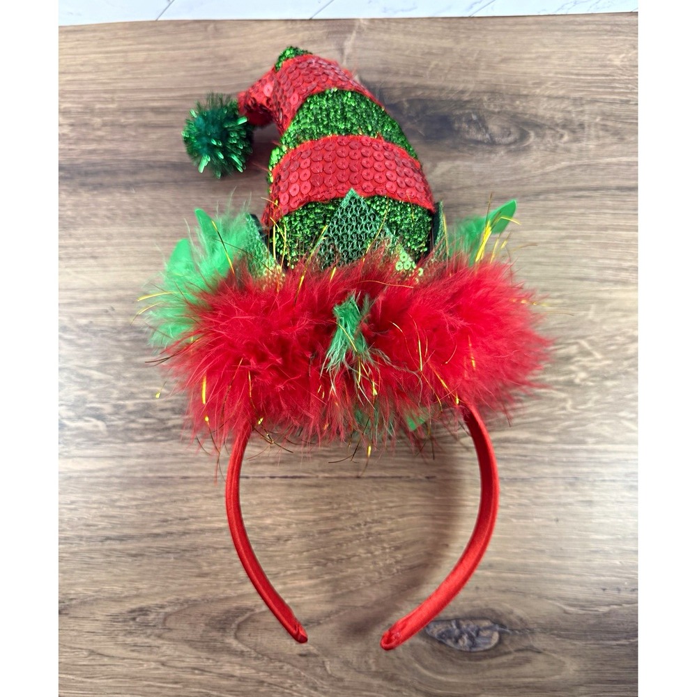 Christmas Elf Hat Headband One Size Red Green Sequin Feather Trim Accessory